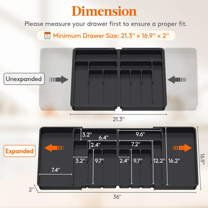 Silverware Drawer Organizer, Expandable BPA Free Plastic Utensil Tray for Kitchen, Adjustable Flatware Cutlery Holder for Spoons Forks Knives, 21.3- 36 x 16.9", Gray