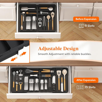 Silverware Drawer Organizer, Expandable BPA Free Plastic Utensil Tray for Kitchen, Adjustable Flatware Cutlery Holder for Spoons Forks Knives, 21.3- 36 x 16.9", Gray