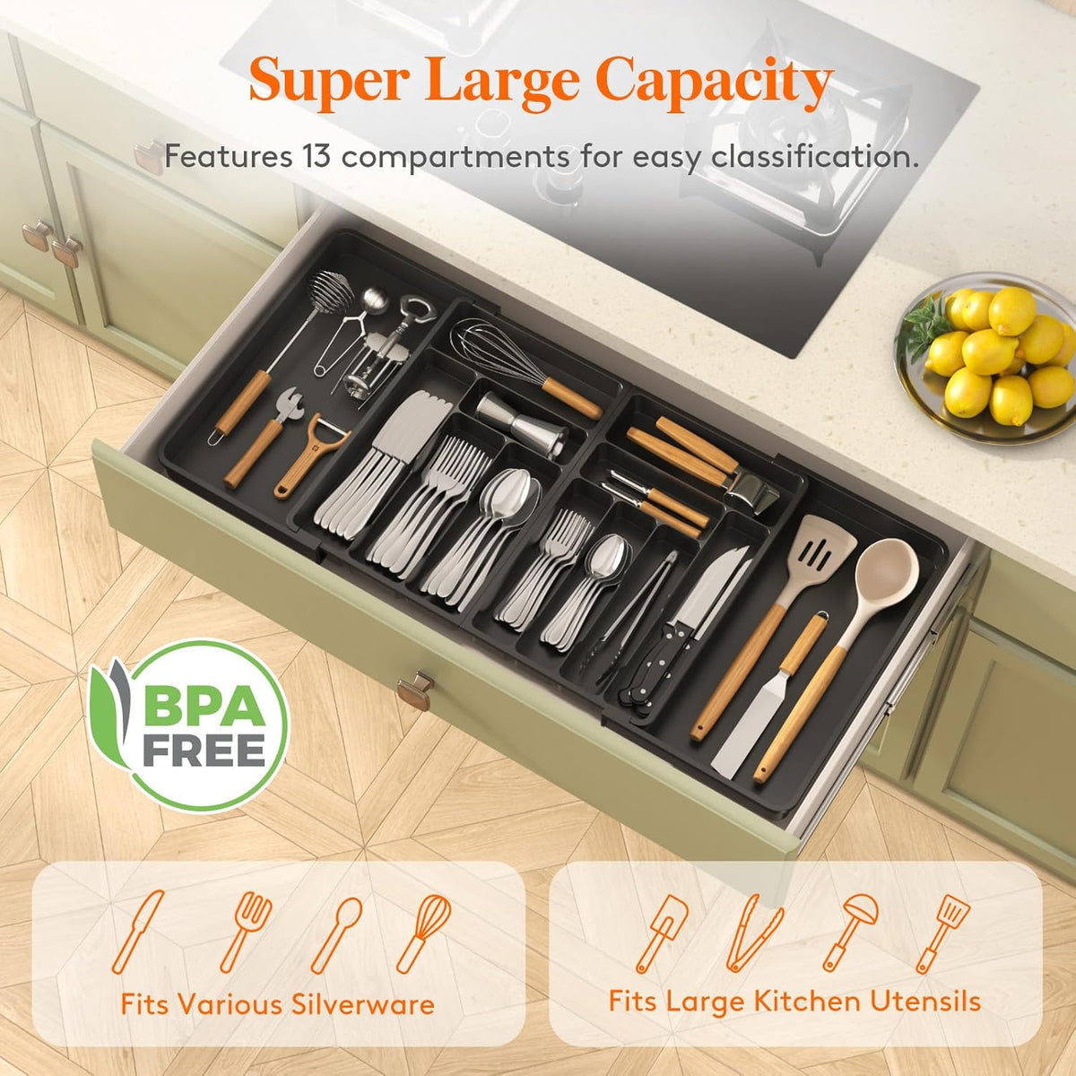 Silverware Drawer Organizer, Expandable BPA Free Plastic Utensil Tray for Kitchen, Adjustable Flatware Cutlery Holder for Spoons Forks Knives, 21.3- 36 x 16.9", Gray
