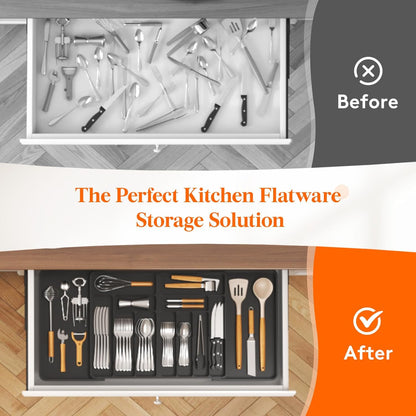 Silverware Drawer Organizer, Expandable BPA Free Plastic Utensil Tray for Kitchen, Adjustable Flatware Cutlery Holder for Spoons Forks Knives, 21.3- 36 x 16.9", Gray