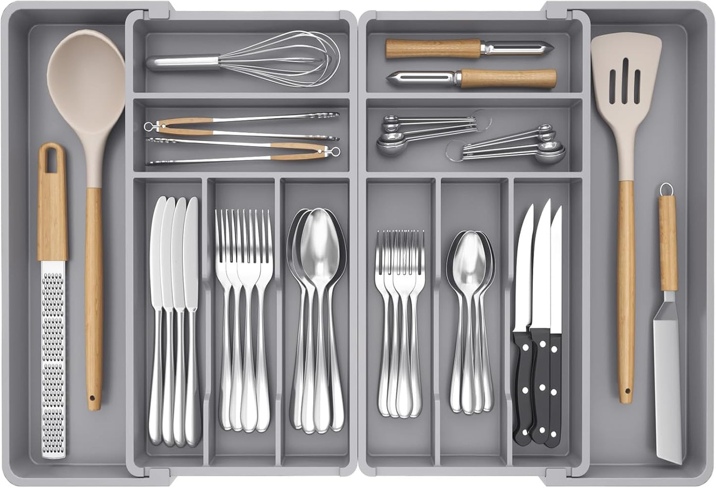 Silverware Drawer Organizer, Expandable BPA Free Plastic Utensil Tray for Kitchen, Adjustable Flatware Cutlery Holder for Spoons Forks Knives, 21.3- 36 x 16.9", Gray