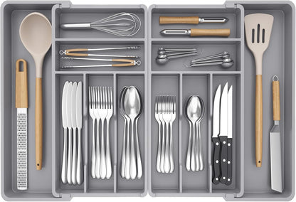 Silverware Drawer Organizer, Expandable BPA Free Plastic Utensil Tray for Kitchen, Adjustable Flatware Cutlery Holder for Spoons Forks Knives, 21.3- 36 x 16.9", Gray