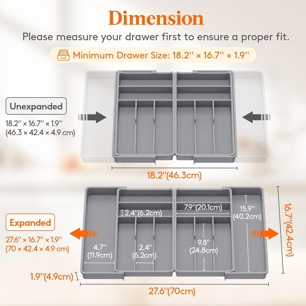 Silverware Drawer Organizer, Expandable BPA Free Plastic Utensil Tray for Kitchen, Adjustable Flatware Cutlery Holder for Spoons Forks Knives, 21.3- 36 x 16.9", Gray
