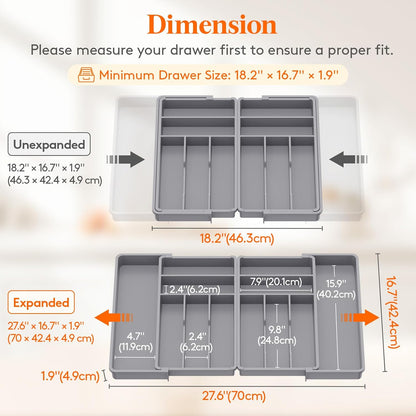Silverware Drawer Organizer, Expandable BPA Free Plastic Utensil Tray for Kitchen, Adjustable Flatware Cutlery Holder for Spoons Forks Knives, 21.3- 36 x 16.9", Gray