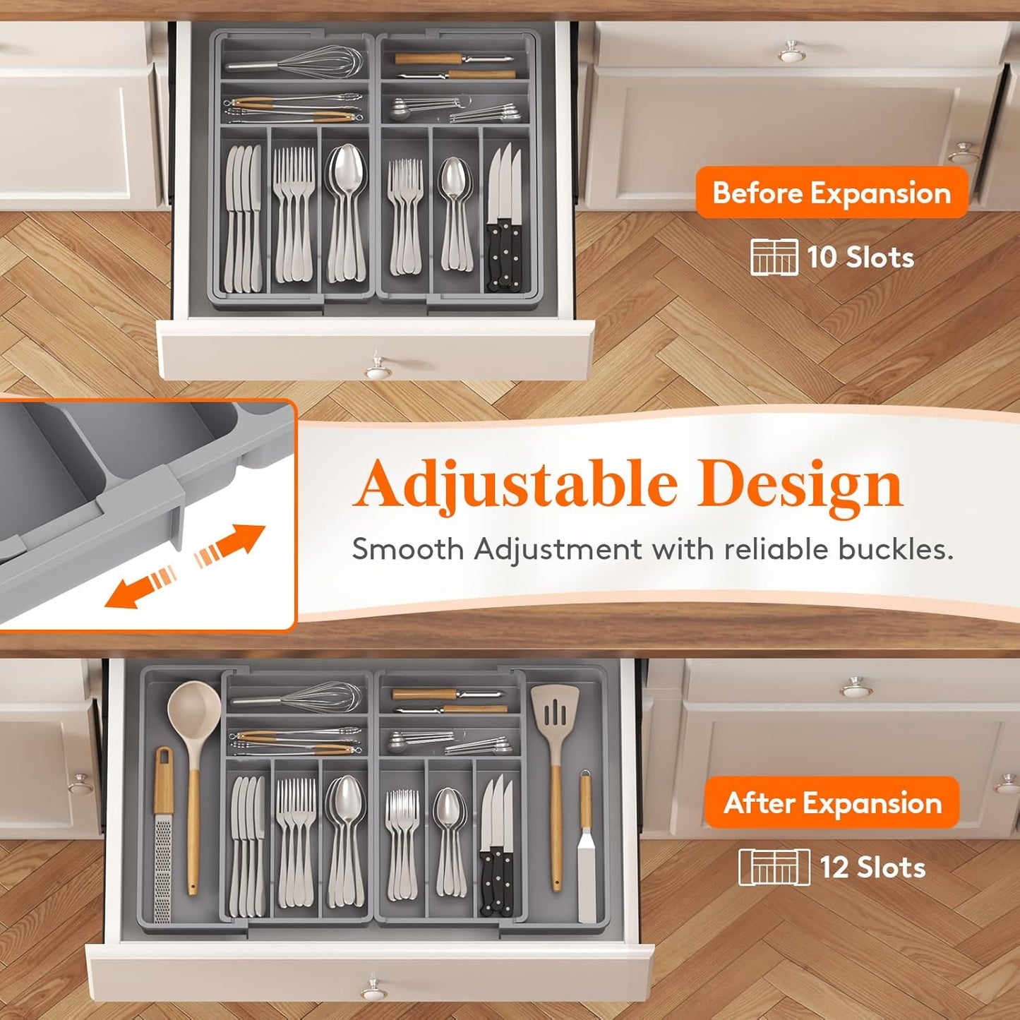 Silverware Drawer Organizer, Expandable BPA Free Plastic Utensil Tray for Kitchen, Adjustable Flatware Cutlery Holder for Spoons Forks Knives, 21.3- 36 x 16.9", Gray