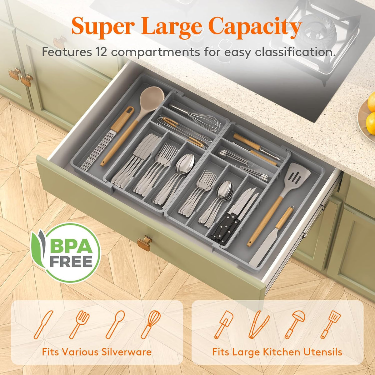 Silverware Drawer Organizer, Expandable BPA Free Plastic Utensil Tray for Kitchen, Adjustable Flatware Cutlery Holder for Spoons Forks Knives, 21.3- 36 x 16.9", Gray