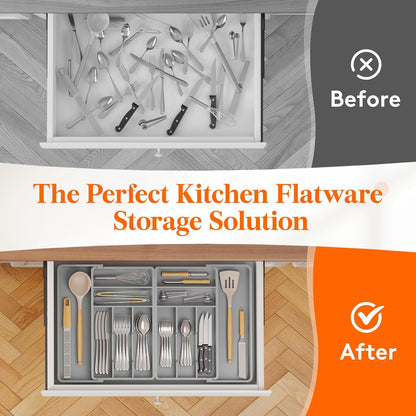 Silverware Drawer Organizer, Expandable BPA Free Plastic Utensil Tray for Kitchen, Adjustable Flatware Cutlery Holder for Spoons Forks Knives, 21.3- 36 x 16.9", Gray