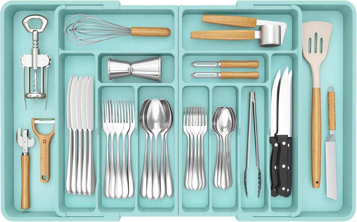 Silverware Drawer Organizer, Expandable BPA Free Plastic Utensil Tray for Kitchen, Adjustable Flatware Cutlery Holder for Spoons Forks Knives, 21.3- 36 x 16.9", Gray