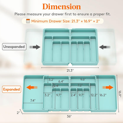 Silverware Drawer Organizer, Expandable BPA Free Plastic Utensil Tray for Kitchen, Adjustable Flatware Cutlery Holder for Spoons Forks Knives, 21.3- 36 x 16.9", Gray