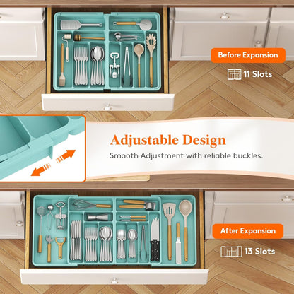 Silverware Drawer Organizer, Expandable BPA Free Plastic Utensil Tray for Kitchen, Adjustable Flatware Cutlery Holder for Spoons Forks Knives, 21.3- 36 x 16.9", Gray