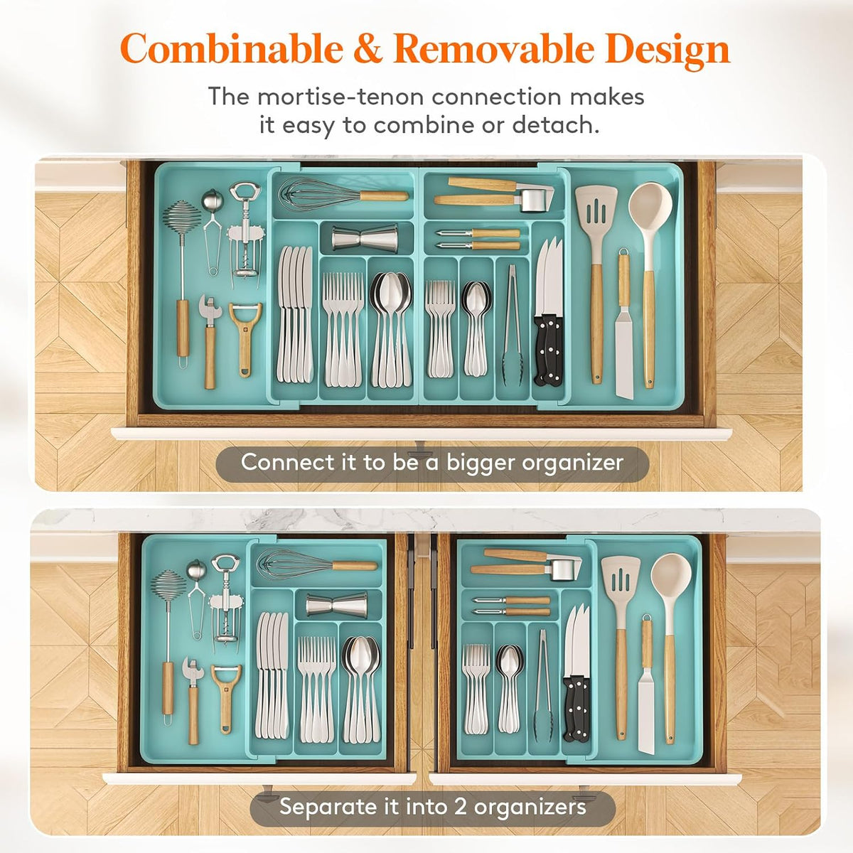 Silverware Drawer Organizer, Expandable BPA Free Plastic Utensil Tray for Kitchen, Adjustable Flatware Cutlery Holder for Spoons Forks Knives, 21.3- 36 x 16.9", Gray