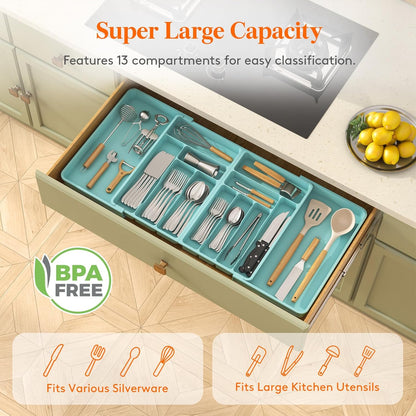 Silverware Drawer Organizer, Expandable BPA Free Plastic Utensil Tray for Kitchen, Adjustable Flatware Cutlery Holder for Spoons Forks Knives, 21.3- 36 x 16.9", Gray