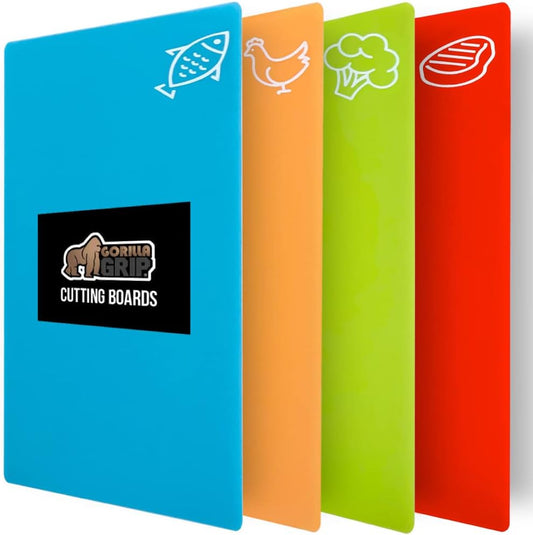100% BPA-Free Flexible Cutting Board Set of 4, Durable Plastic Mats with Food Icons for Meal Prepping, Large Kitchen Chopping Mat, Use for Meat Fish Vegetables Fruit, 15x12, Multicolor