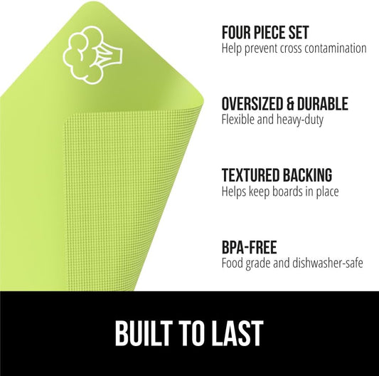 100% BPA-Free Flexible Cutting Board Set of 4, Durable Plastic Mats with Food Icons for Meal Prepping, Large Kitchen Chopping Mat, Use for Meat Fish Vegetables Fruit, 15x12, Multicolor