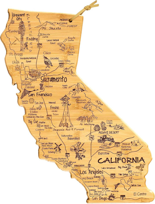 Destination California State Shaped Cutting Board | State charcuterie serving board with engraved map artwork. Smooth reverse side for food prep. Hang tie for wall display.