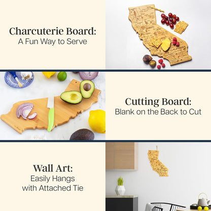 Destination California State Shaped Cutting Board | State charcuterie serving board with engraved map artwork. Smooth reverse side for food prep. Hang tie for wall display.