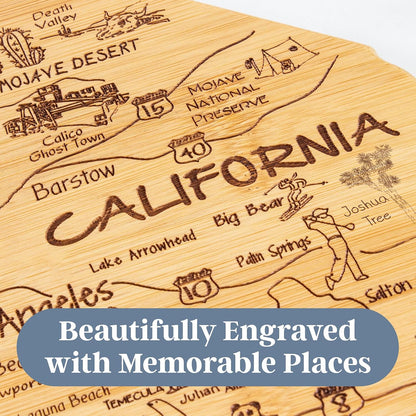 Destination California State Shaped Cutting Board | State charcuterie serving board with engraved map artwork. Smooth reverse side for food prep. Hang tie for wall display.