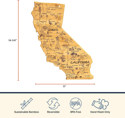 Destination California State Shaped Cutting Board | State charcuterie serving board with engraved map artwork. Smooth reverse side for food prep. Hang tie for wall display.