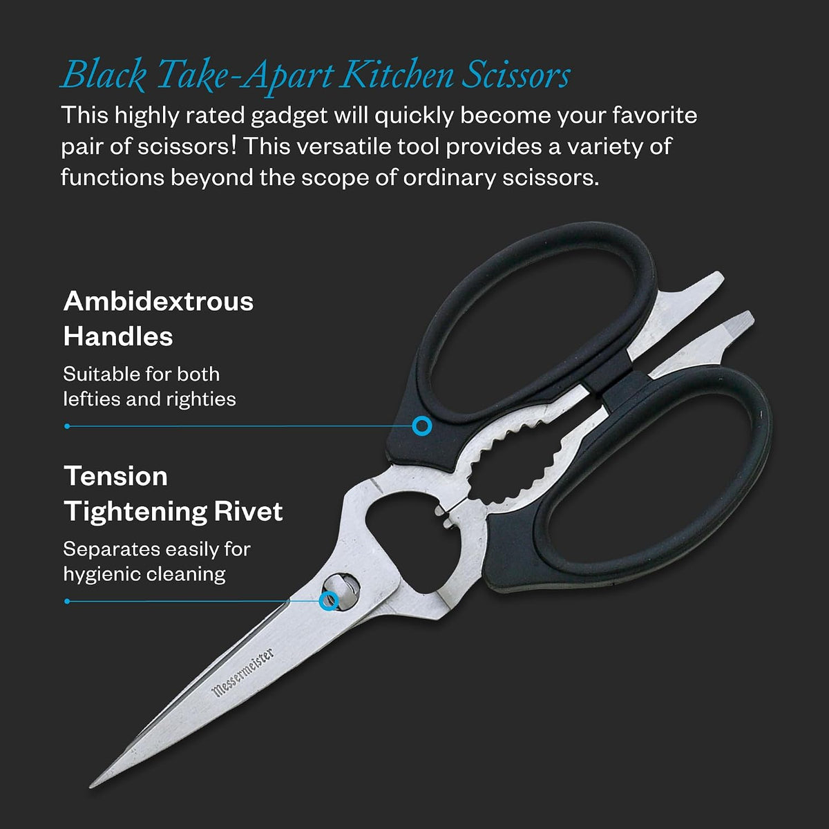 8-Inch Take-Apart Kitchen Scissors, Black - Includes Screwdriver, Nut Cracker, Jar Lid Opener/Gripper, Bottle Opener & Bone + Twig Cutter - Suitable for Lefties & Righties
