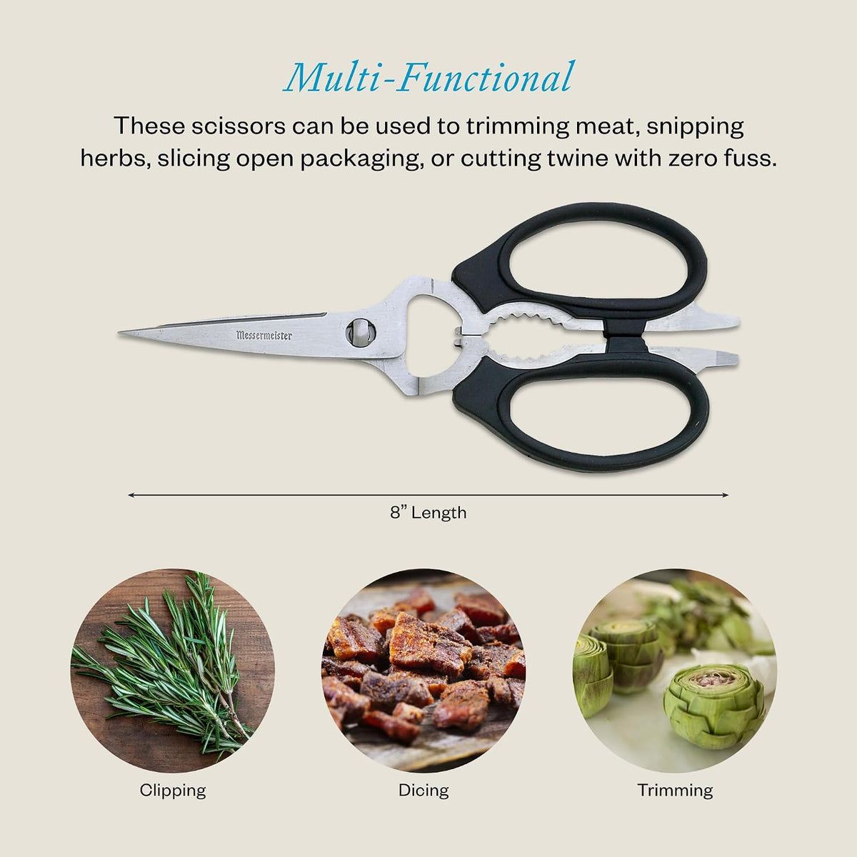 8-Inch Take-Apart Kitchen Scissors, Black - Includes Screwdriver, Nut Cracker, Jar Lid Opener/Gripper, Bottle Opener & Bone + Twig Cutter - Suitable for Lefties & Righties