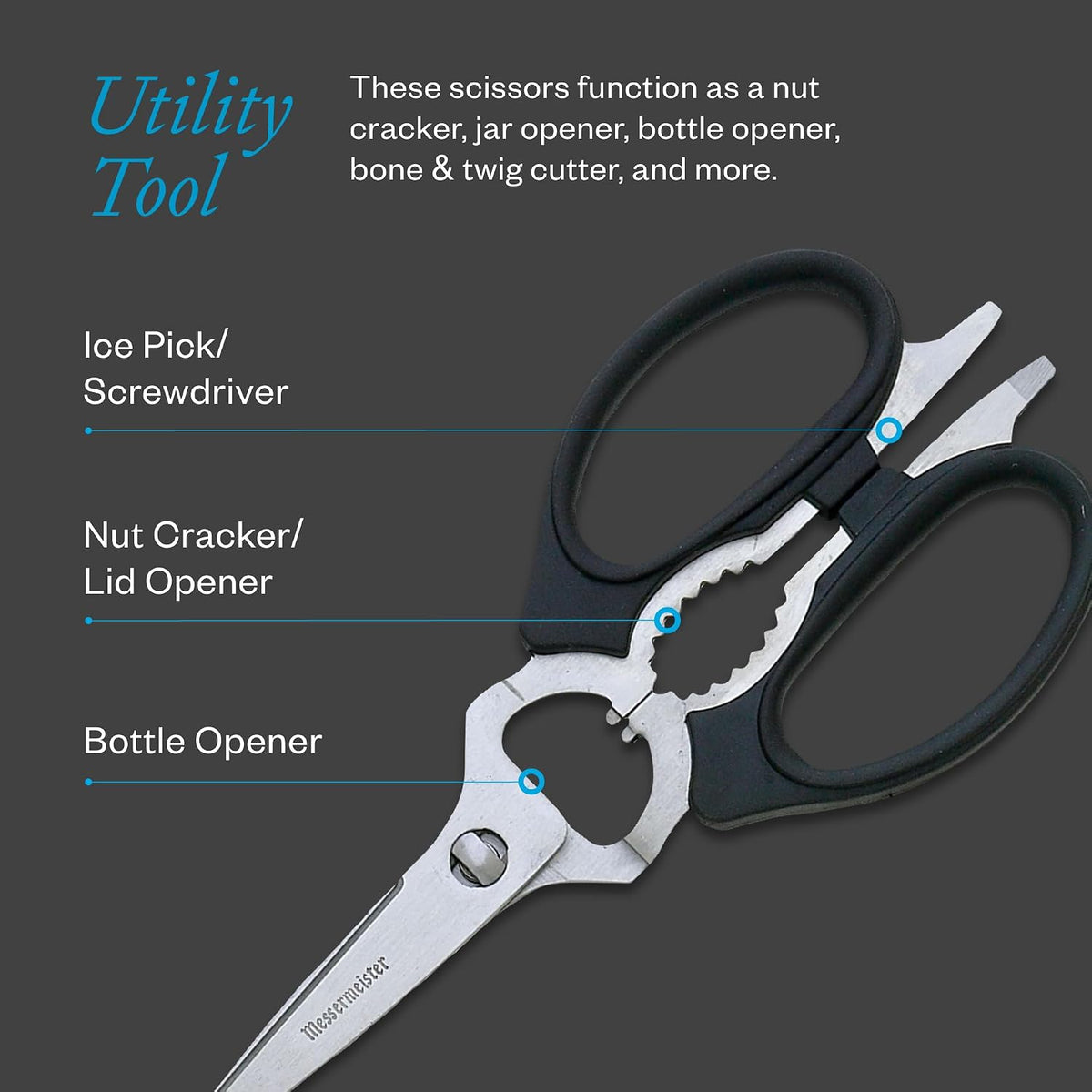 8-Inch Take-Apart Kitchen Scissors, Black - Includes Screwdriver, Nut Cracker, Jar Lid Opener/Gripper, Bottle Opener & Bone + Twig Cutter - Suitable for Lefties & Righties