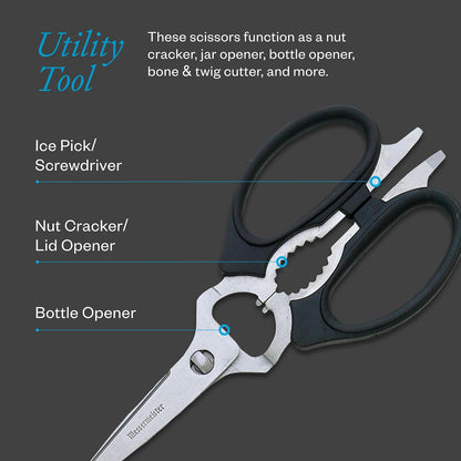 8-Inch Take-Apart Kitchen Scissors, Black - Includes Screwdriver, Nut Cracker, Jar Lid Opener/Gripper, Bottle Opener & Bone + Twig Cutter - Suitable for Lefties & Righties