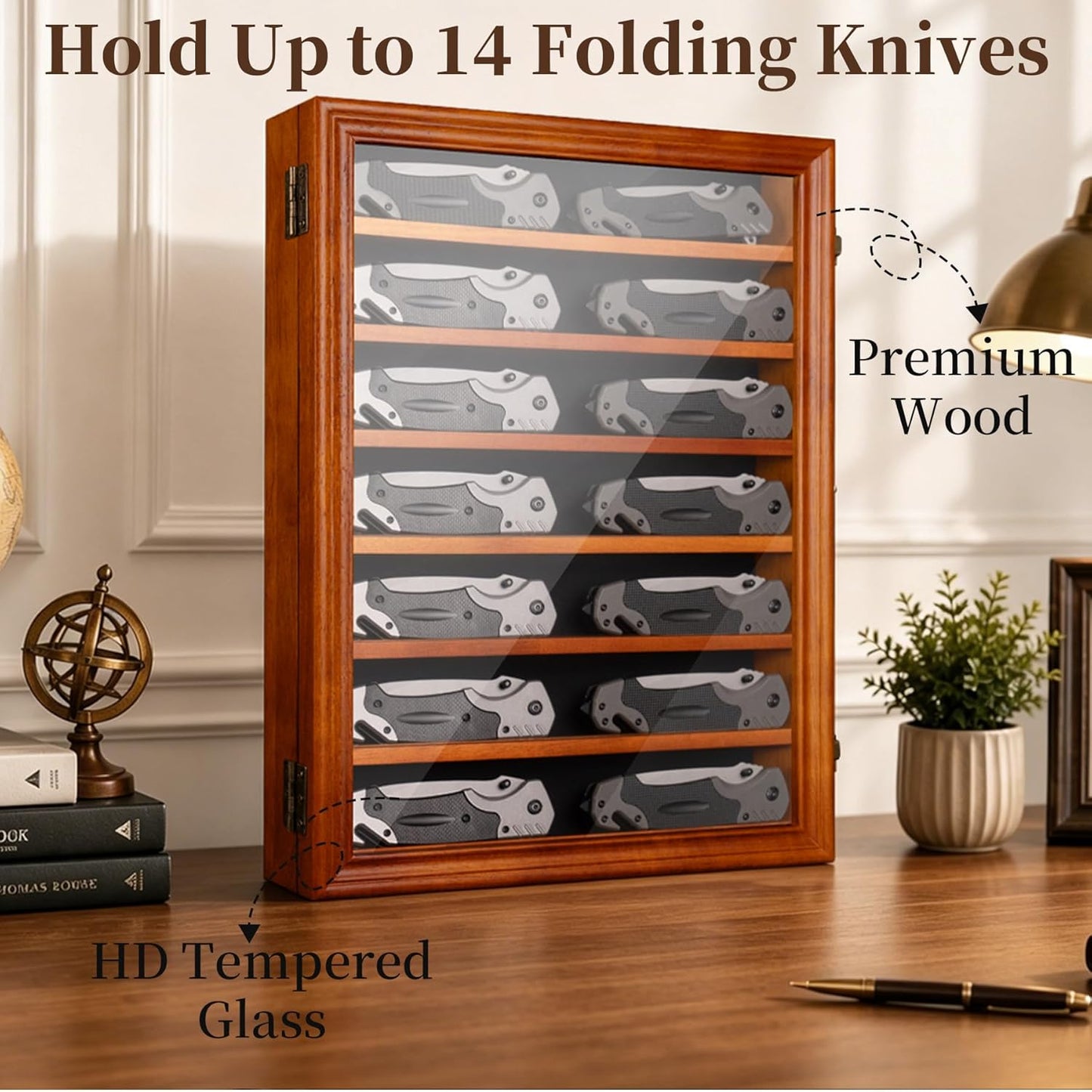 7 Row Knife Display Case for Wall Wooden Folding Knife Storage Stand with HD Tempered Glass & Removable Shelves Military Knife Organizer for Collections - Black
