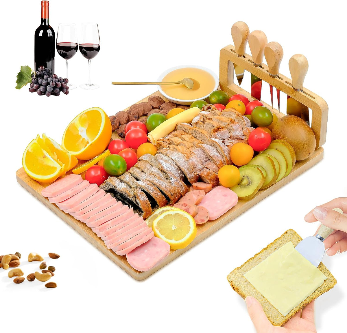 Bamboo Charcuterie Boards Cheese Board Knife Set,House Warming Gifts for New Home Gift for Mom Couples Bridal Shower Bridesmaid Gifts (14 x 11 x 0.59 inches)