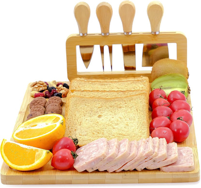 Bamboo Charcuterie Boards Cheese Board Knife Set,House Warming Gifts for New Home Gift for Mom Couples Bridal Shower Bridesmaid Gifts (14 x 11 x 0.59 inches)