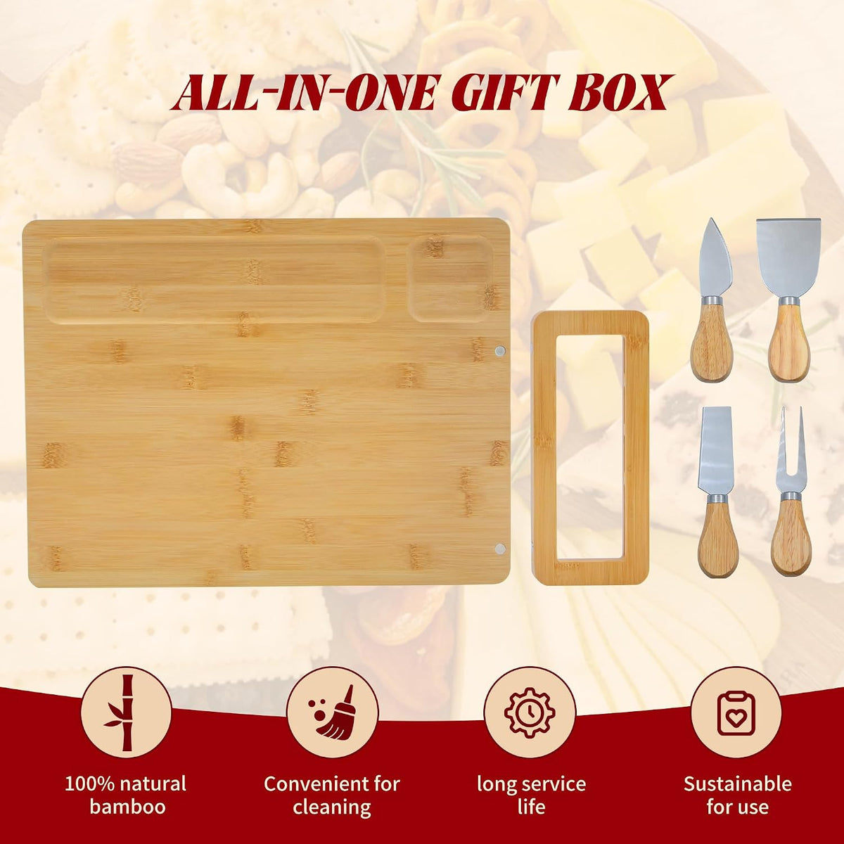 Bamboo Charcuterie Boards Cheese Board Knife Set,House Warming Gifts for New Home Gift for Mom Couples Bridal Shower Bridesmaid Gifts (14 x 11 x 0.59 inches)