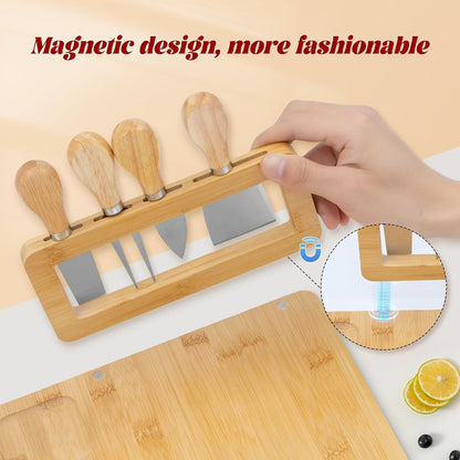 Bamboo Charcuterie Boards Cheese Board Knife Set,House Warming Gifts for New Home Gift for Mom Couples Bridal Shower Bridesmaid Gifts (14 x 11 x 0.59 inches)