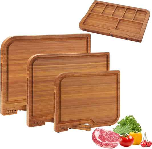 3-PCS Wood Cutting Board Set with Innovative Stand - Durable Double Sided Bamboo Cutting Board with Juice Groove & Handle for Meal Prep, Meat Charcuterie Serving, Eco-Friendly Healthy Kitchen Gift