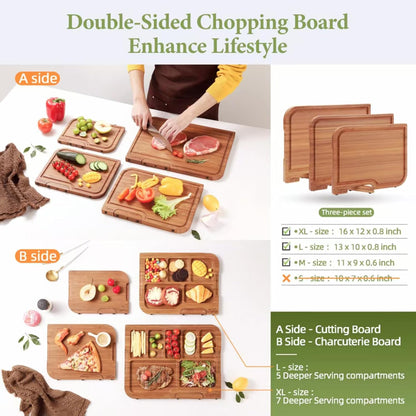3-PCS Wood Cutting Board Set with Innovative Stand - Durable Double Sided Bamboo Cutting Board with Juice Groove & Handle for Meal Prep, Meat Charcuterie Serving, Eco-Friendly Healthy Kitchen Gift