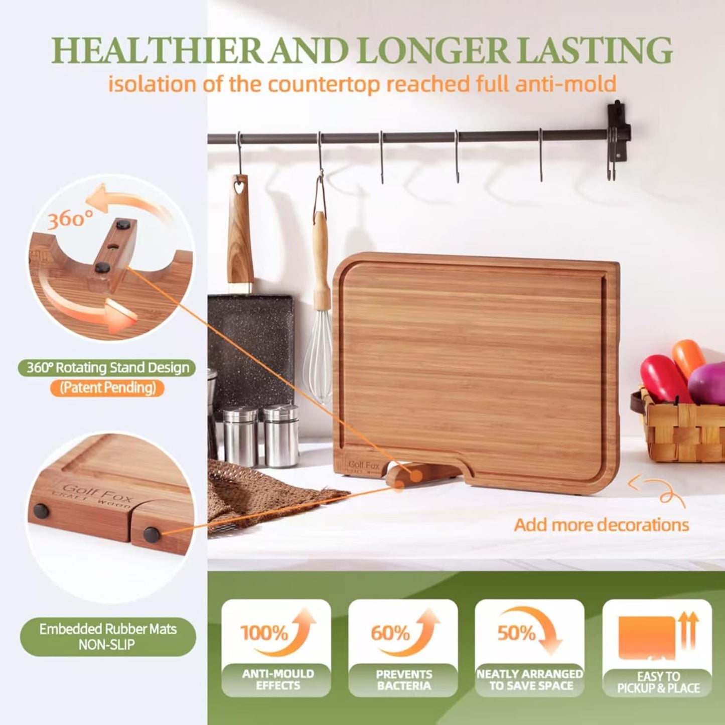 3-PCS Wood Cutting Board Set with Innovative Stand - Durable Double Sided Bamboo Cutting Board with Juice Groove & Handle for Meal Prep, Meat Charcuterie Serving, Eco-Friendly Healthy Kitchen Gift