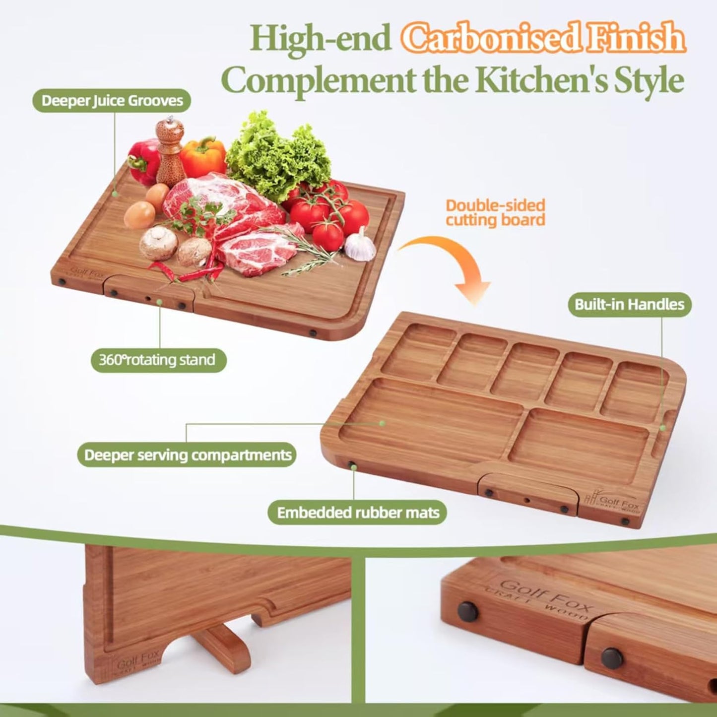 3-PCS Wood Cutting Board Set with Innovative Stand - Durable Double Sided Bamboo Cutting Board with Juice Groove & Handle for Meal Prep, Meat Charcuterie Serving, Eco-Friendly Healthy Kitchen Gift