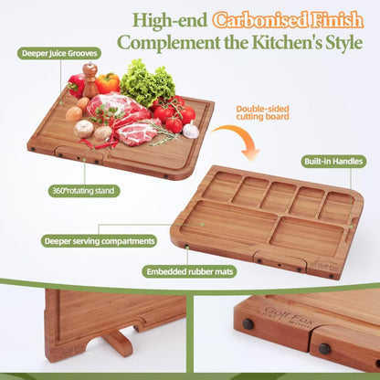 3-PCS Wood Cutting Board Set with Innovative Stand - Durable Double Sided Bamboo Cutting Board with Juice Groove & Handle for Meal Prep, Meat Charcuterie Serving, Eco-Friendly Healthy Kitchen Gift