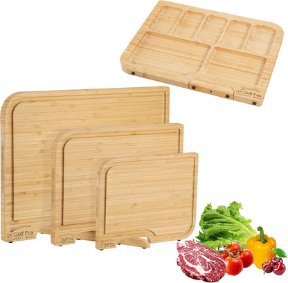 3-PCS Wood Cutting Board Set with Innovative Stand - Durable Double Sided Bamboo Cutting Board with Juice Groove & Handle for Meal Prep, Meat Charcuterie Serving, Eco-Friendly Healthy Kitchen Gift