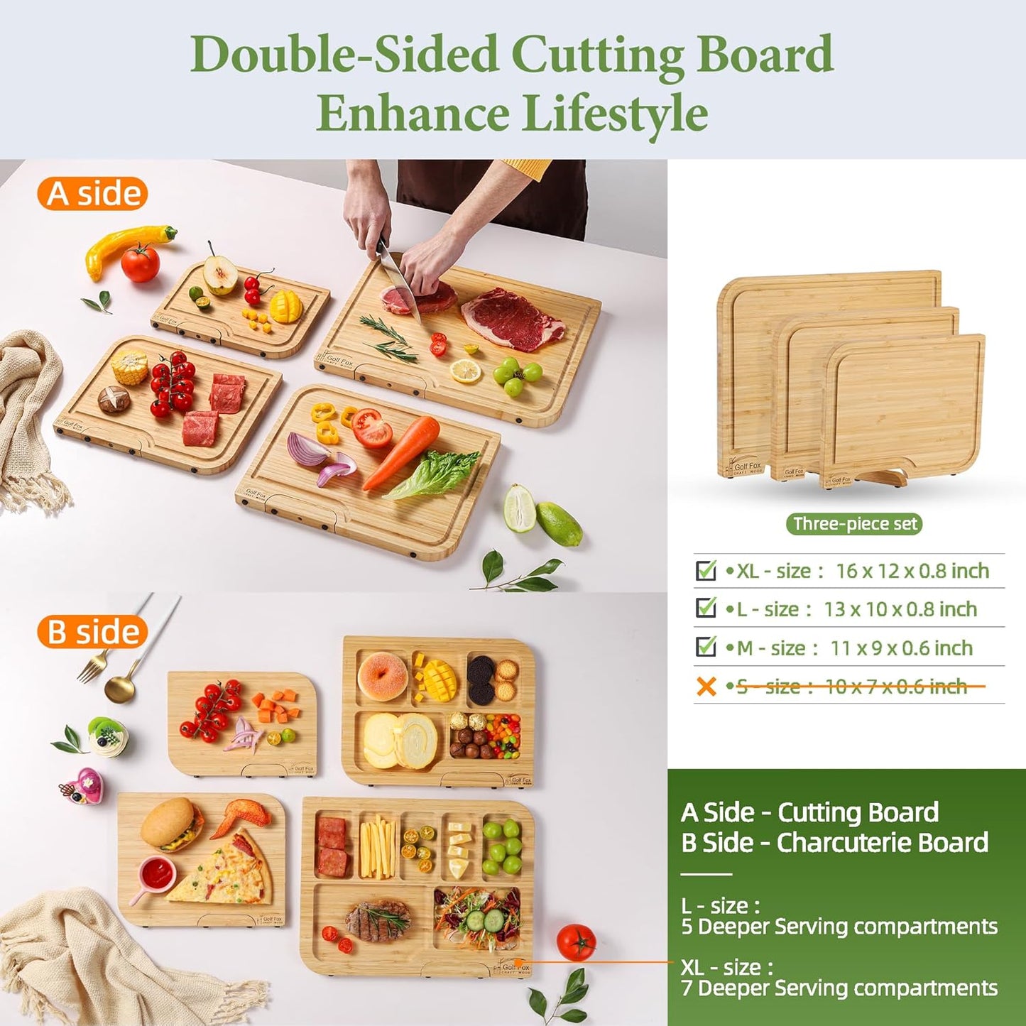 3-PCS Wood Cutting Board Set with Innovative Stand - Durable Double Sided Bamboo Cutting Board with Juice Groove & Handle for Meal Prep, Meat Charcuterie Serving, Eco-Friendly Healthy Kitchen Gift