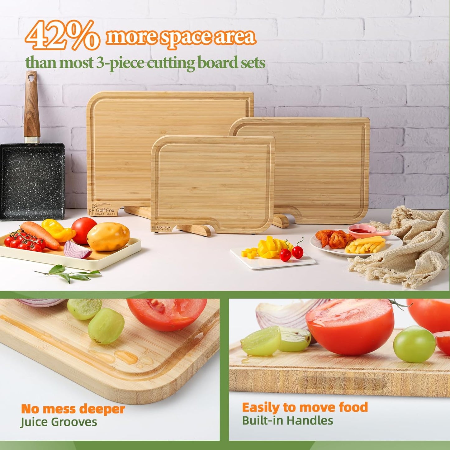 3-PCS Wood Cutting Board Set with Innovative Stand - Durable Double Sided Bamboo Cutting Board with Juice Groove & Handle for Meal Prep, Meat Charcuterie Serving, Eco-Friendly Healthy Kitchen Gift