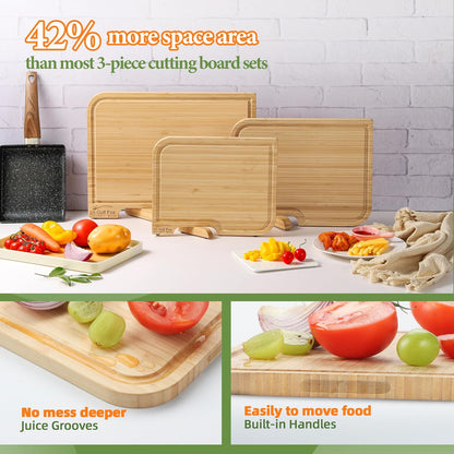 3-PCS Wood Cutting Board Set with Innovative Stand - Durable Double Sided Bamboo Cutting Board with Juice Groove & Handle for Meal Prep, Meat Charcuterie Serving, Eco-Friendly Healthy Kitchen Gift