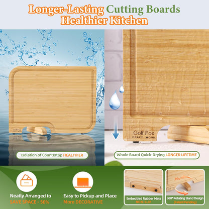 3-PCS Wood Cutting Board Set with Innovative Stand - Durable Double Sided Bamboo Cutting Board with Juice Groove & Handle for Meal Prep, Meat Charcuterie Serving, Eco-Friendly Healthy Kitchen Gift