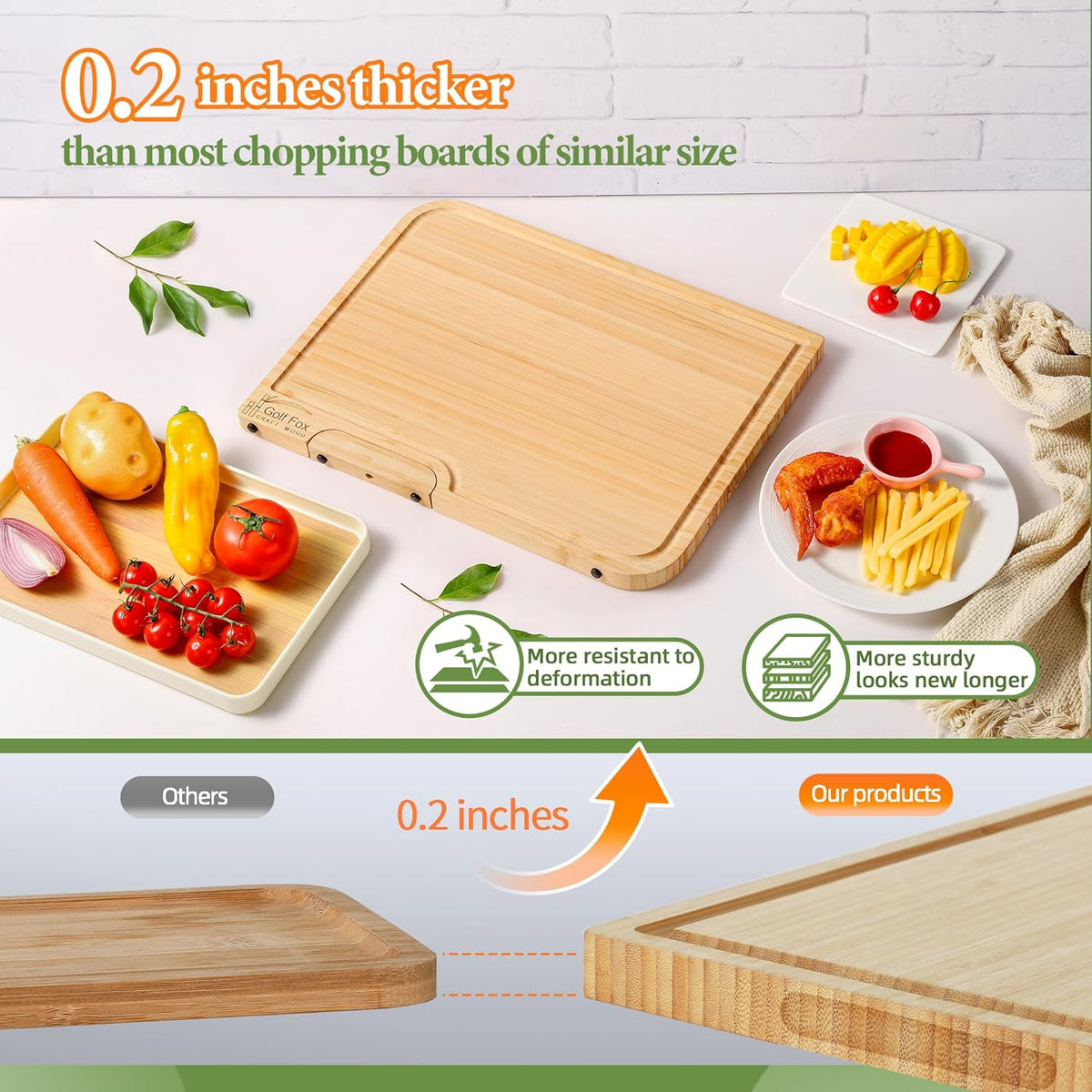 3-PCS Wood Cutting Board Set with Innovative Stand - Durable Double Sided Bamboo Cutting Board with Juice Groove & Handle for Meal Prep, Meat Charcuterie Serving, Eco-Friendly Healthy Kitchen Gift
