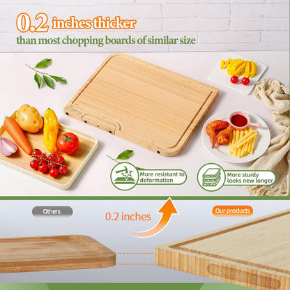 3-PCS Wood Cutting Board Set with Innovative Stand - Durable Double Sided Bamboo Cutting Board with Juice Groove & Handle for Meal Prep, Meat Charcuterie Serving, Eco-Friendly Healthy Kitchen Gift