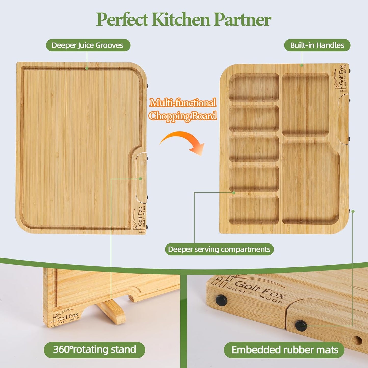 3-PCS Wood Cutting Board Set with Innovative Stand - Durable Double Sided Bamboo Cutting Board with Juice Groove & Handle for Meal Prep, Meat Charcuterie Serving, Eco-Friendly Healthy Kitchen Gift