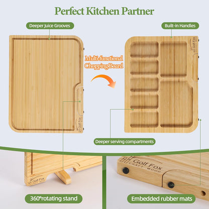 3-PCS Wood Cutting Board Set with Innovative Stand - Durable Double Sided Bamboo Cutting Board with Juice Groove & Handle for Meal Prep, Meat Charcuterie Serving, Eco-Friendly Healthy Kitchen Gift