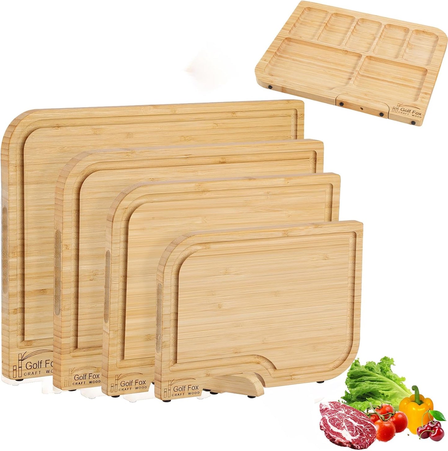 3-PCS Wood Cutting Board Set with Innovative Stand - Durable Double Sided Bamboo Cutting Board with Juice Groove & Handle for Meal Prep, Meat Charcuterie Serving, Eco-Friendly Healthy Kitchen Gift