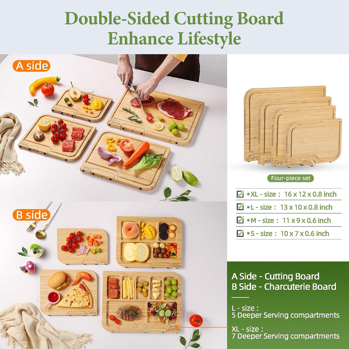3-PCS Wood Cutting Board Set with Innovative Stand - Durable Double Sided Bamboo Cutting Board with Juice Groove & Handle for Meal Prep, Meat Charcuterie Serving, Eco-Friendly Healthy Kitchen Gift