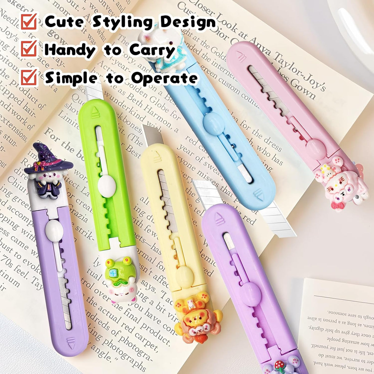 6 Pack Box Cutter Retractable, Sharp Utility Knife Retractable, Cute Box Cutters for Office, Home, Arts Crafts, Cartons, Cardboard, Paper