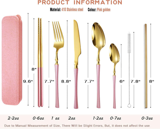 7 Pieces Stainless Steel Flatware Set Portable Reusable Cutlery Set Travel Utensils Set Including Chopsticks Knife Fork Spoon Straws Cleaning Brush Dishwasher Safe (B-Pink Golden)