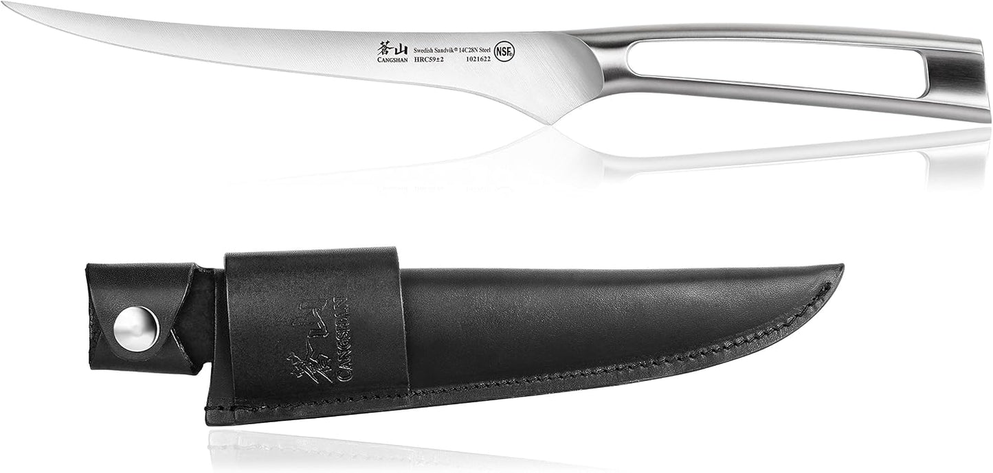 Cangshan TN1 Series 1021639 Swedish 14C28N Steel Forged 7-Inch Fillet Knife and Leather Sheath Set